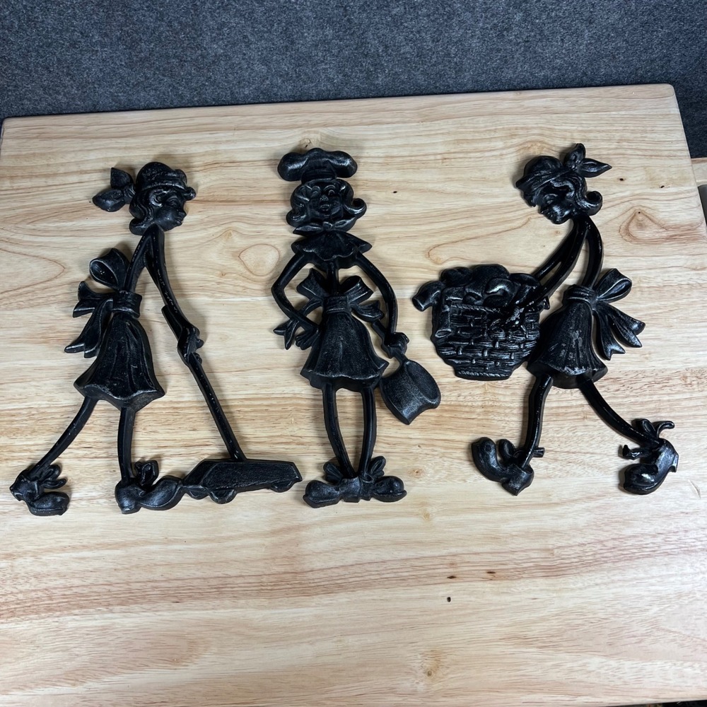 Vintage Sexton 1971 Cast Metal Wall Art Set 3 Black Kitchen Laundry Figures USA